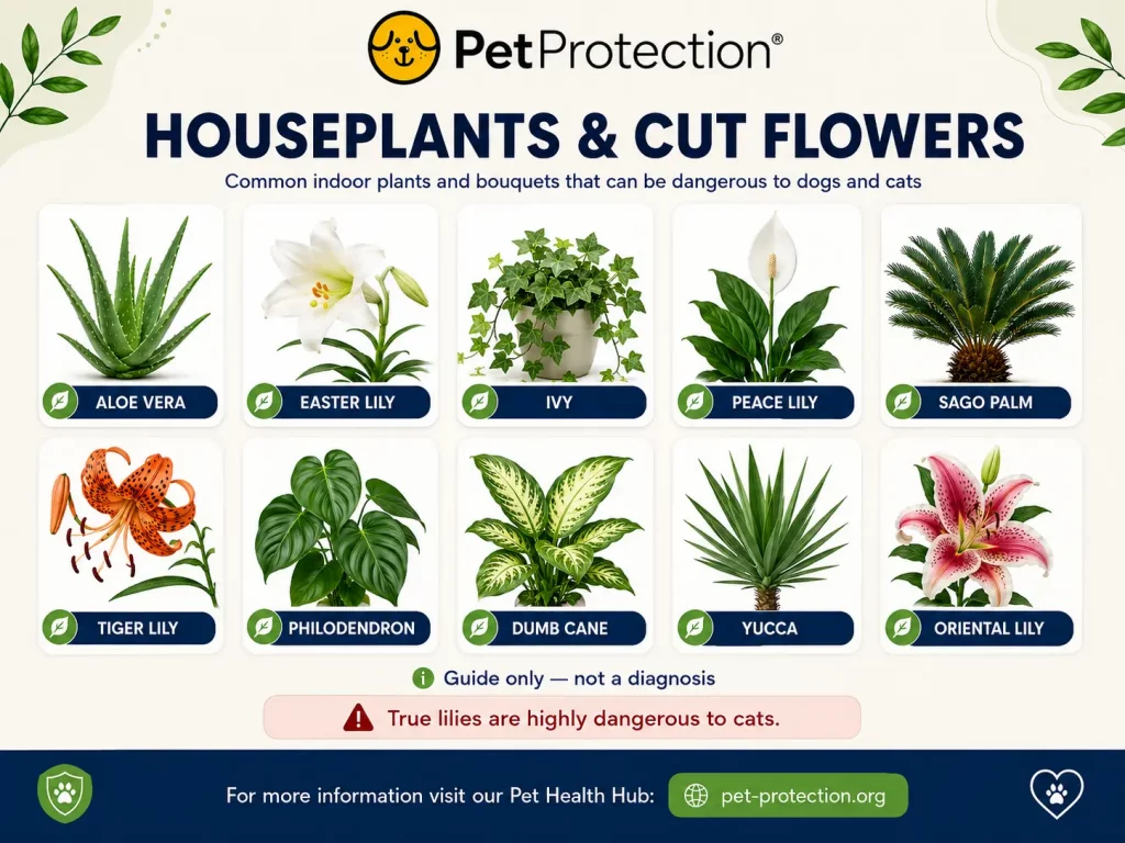 Common UK Plants and Fungi That Can Be Dangerous for Dogs and Cats 8 PetProtection infographic showing houseplants and cut flowers that can be dangerous to dogs and cats, including aloe vera, Easter lily, ivy, peace lily, sago palm, tiger lily, philodendron, dumb cane, yucca and oriental lily.