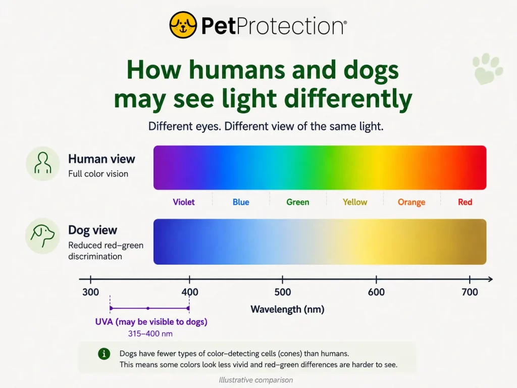 Can Dogs See UV Light? The Hidden World Your Dog May Be Seeing 1 PetProtection infographic comparing human vision and dog vision, showing how dogs may see light differently with reduced red-green colour vision and possible UVA visibility.