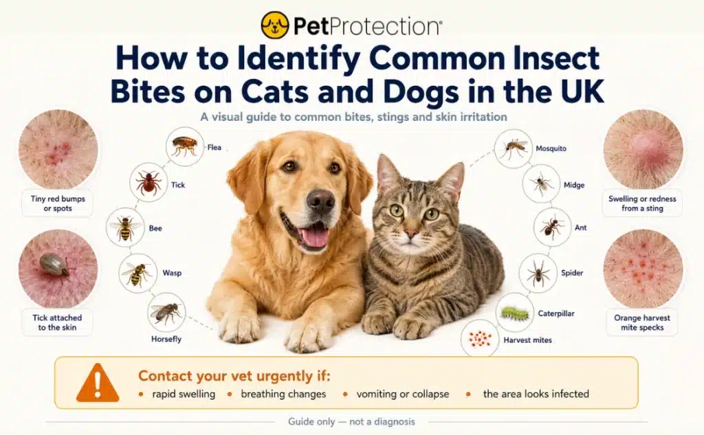 How to Identify Common Insect Bites on Cats and Dogs in the UK 1 Common insect bites on cats and dogs in the UK, with examples of bite marks, fleas, ticks, bees, wasps and other insects.