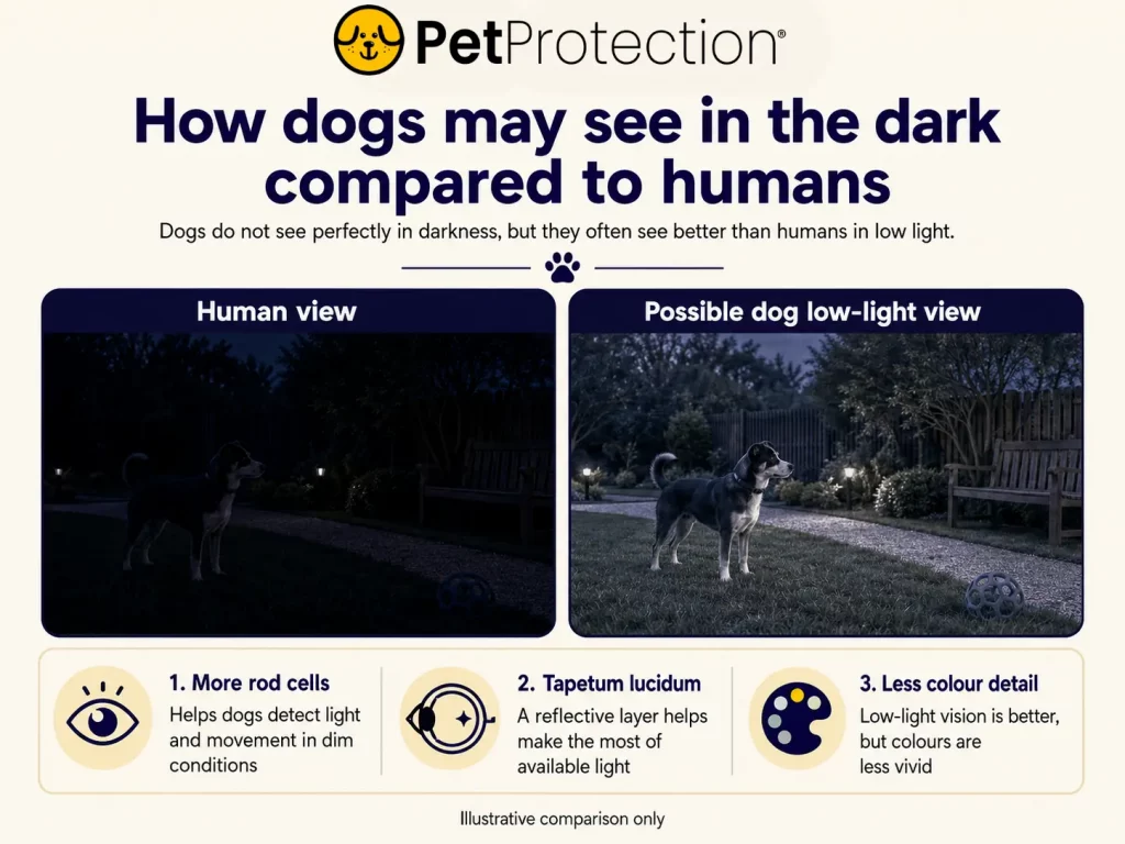 Can Dogs See UV Light? The Hidden World Your Dog May Be Seeing 4 PetProtection infographic explaining how dogs may see in the dark compared to humans, including low-light vision differences and reasons dogs see better in dim conditions.