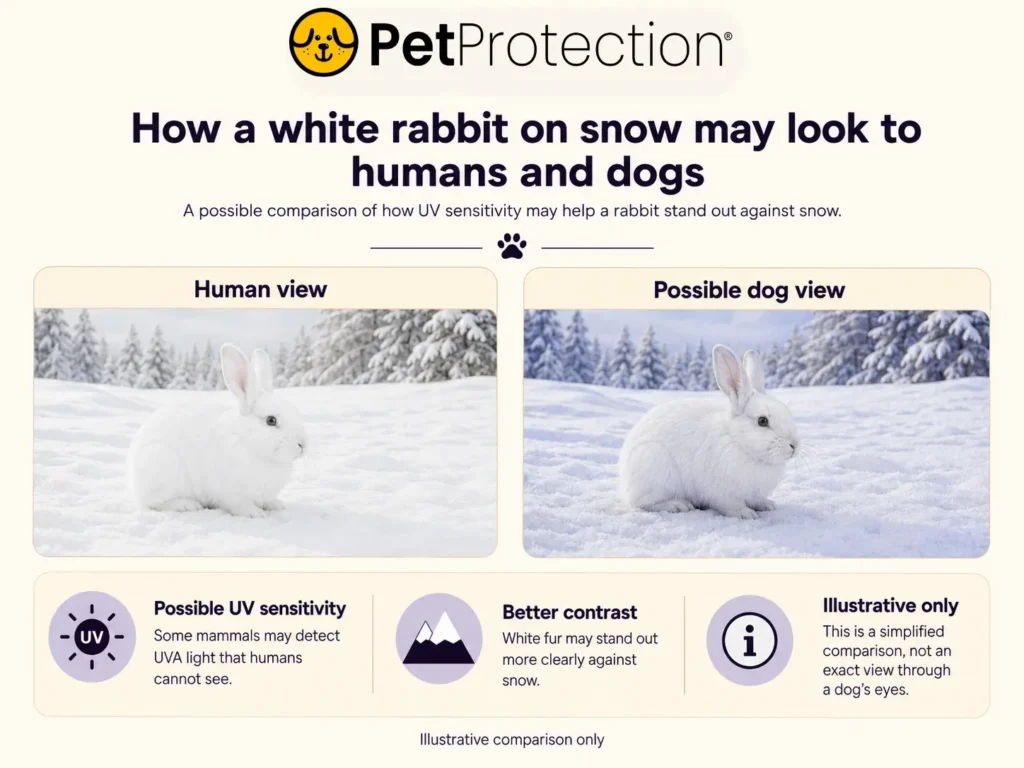 Can Dogs See UV Light? The Hidden World Your Dog May Be Seeing 3 Infographic showing how dogs may see a white rabbit on snow differently from humans due to possible UV sensitivity and contrast differences.