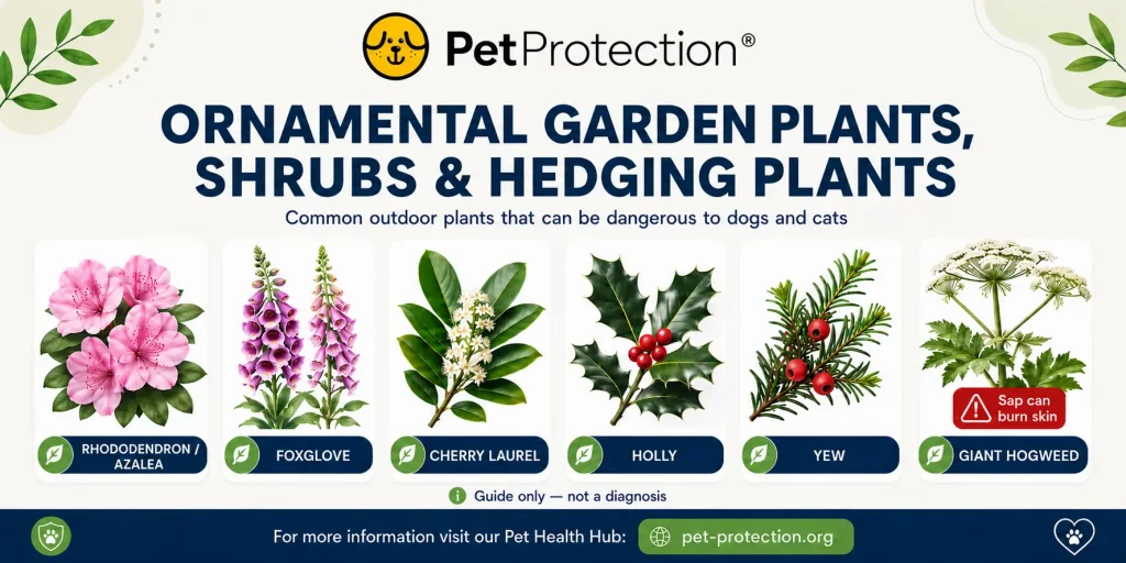 Common UK Plants and Fungi That Can Be Dangerous for Dogs and Cats 6 PetProtection infographic showing ornamental garden plants, shrubs and hedging plants that can be dangerous to dogs and cats, including rhododendron or azalea, foxglove, cherry laurel, holly, yew and giant hogweed, with a warning that giant hogweed sap can burn skin.