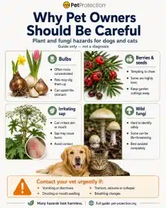 PetProtection Infographic showing common UK plants poisonous to dogs and cats, including garden plants, houseplants, berries, bulbs and wild fungi.