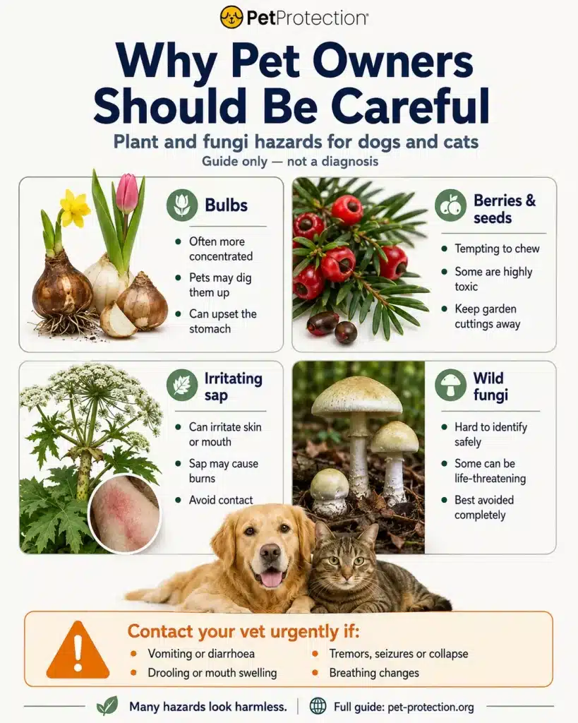 Common UK Plants and Fungi That Can Be Dangerous for Dogs and Cats 1 PetProtection infographic explaining why pet owners should be careful around toxic plants and fungi, including bulbs, berries, sap and wild mushrooms that may harm dogs and cats.