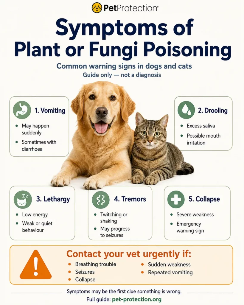 Common UK Plants and Fungi That Can Be Dangerous for Dogs and Cats 2 PetProtection infographic on plant and fungi poisoning symptoms in dogs and cats, highlighting vomiting, drooling, lethargy, tremors, collapse and when to contact a vet urgently.
