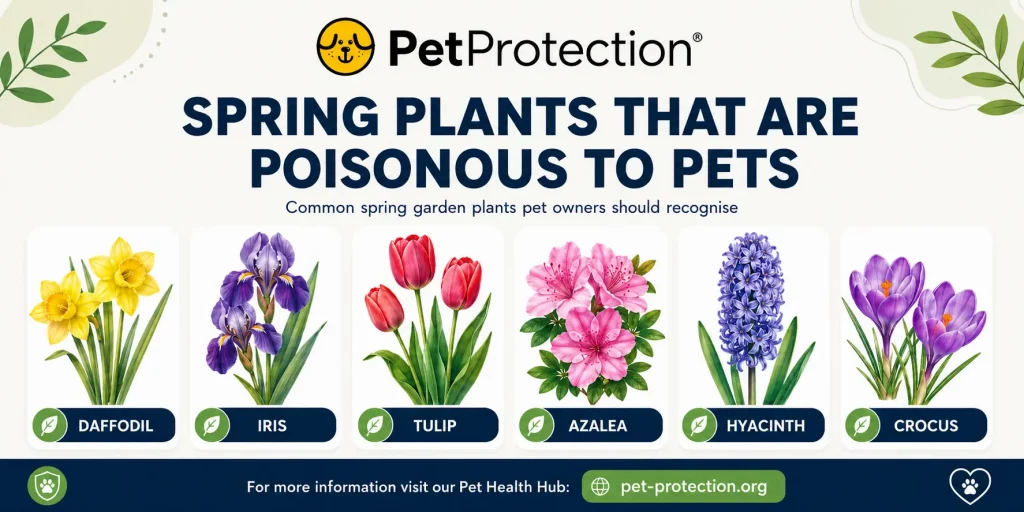 Common UK Plants and Fungi That Can Be Dangerous for Dogs and Cats 5 Infographic showing common spring garden plants that can be dangerous to pets, including daffodils, irises, tulips, azaleas, hyacinths and crocuses.