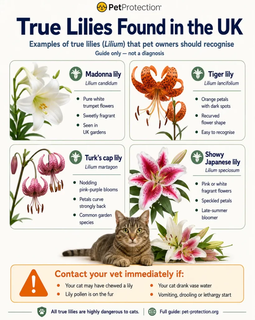 Common UK Plants and Fungi That Can Be Dangerous for Dogs and Cats 3 PetProtection infographic showing four true lilies found in the UK—Madonna lily, tiger lily, Turk’s cap lily and showy Japanese lily—with a warning that all true lilies are highly dangerous to cats.