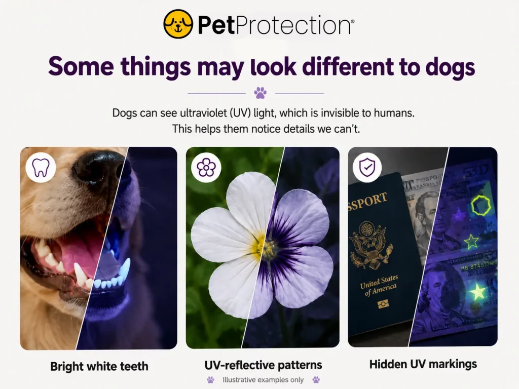 Can Dogs See UV Light? The Hidden World Your Dog May Be Seeing 3 PetProtection infographic showing examples of what dogs might see with UV light, including brighter white teeth, UV-reflective flower patterns and hidden UV markings on documents.