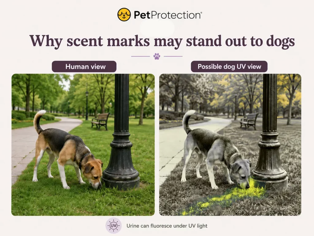 Can Dogs See UV Light? The Hidden World Your Dog May Be Seeing 2 Infographic showing a dog sniffing near a lamppost, comparing normal human vision with a possible dog UV view where urine scent marks fluoresce.