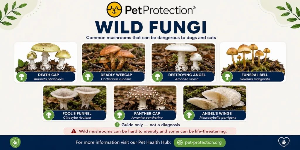 Common UK Plants and Fungi That Can Be Dangerous for Dogs and Cats 9 Infographic showing wild mushrooms that can be dangerous to pets, including death cap, deadly webcap, destroying angel, funeral bell, fool’s funnel, panther cap and angel’s wings, with a warning that some can be life-threatening.