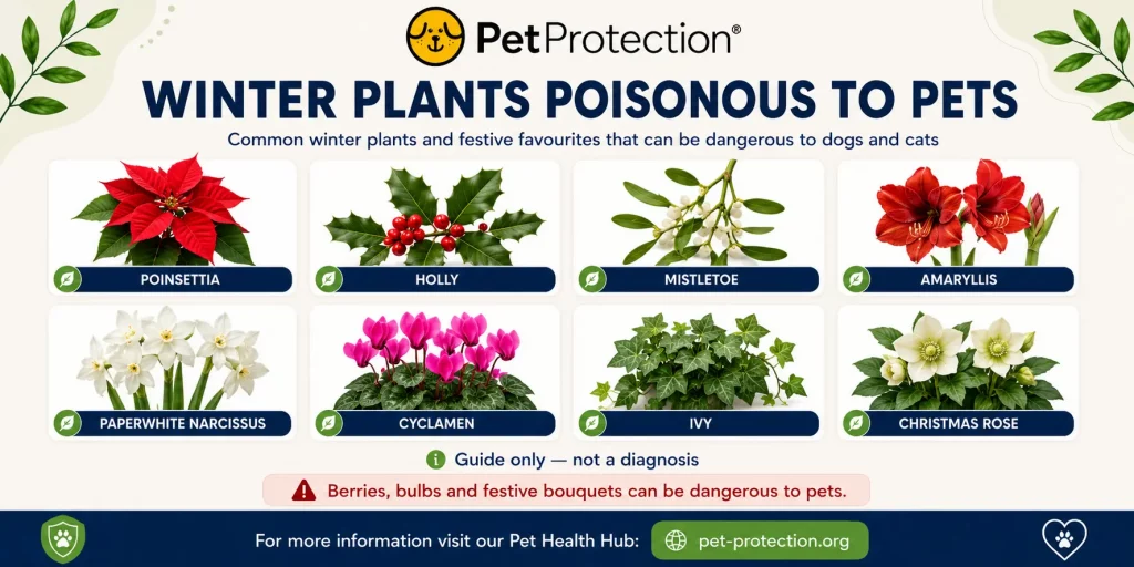 Common UK Plants and Fungi That Can Be Dangerous for Dogs and Cats 4 Infographic showing common winter plants and festive favourites that can be dangerous to pets, including poinsettia, holly, mistletoe, amaryllis, paperwhite narcissus, cyclamen, ivy and Christmas rose.